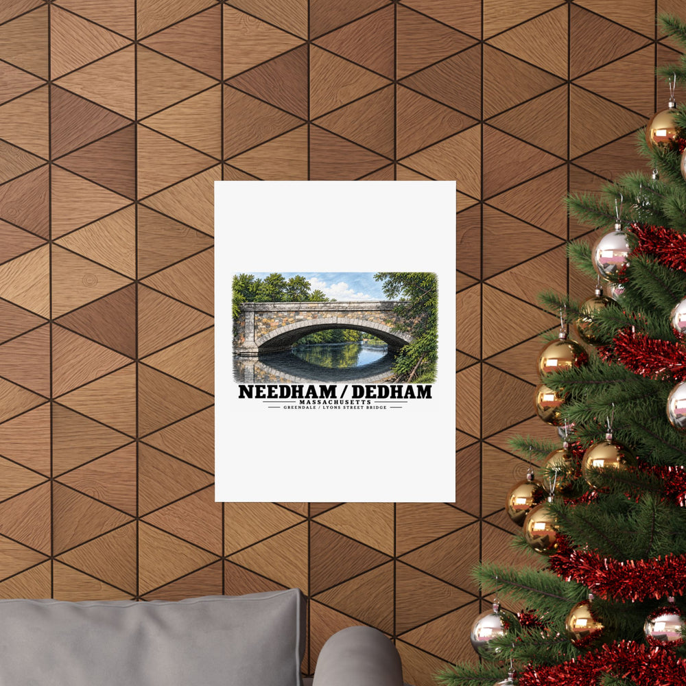 Greendale Avenue / Lyons Street Bridge stone arch and reflection poster on a wood wall beside a decorated evergreen