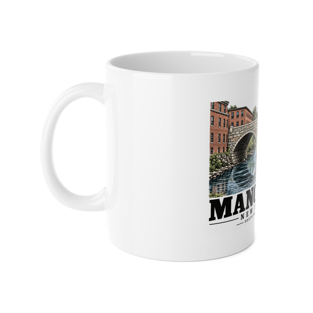 Manchester South Main Street stone-arch bridge 11 oz White Ceramic Mug - Merrimack Valley Goods