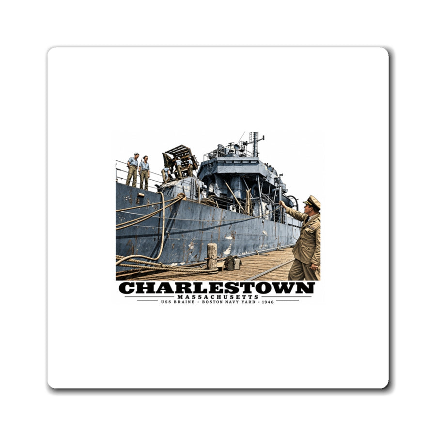 Illustrated USS Braine at Boston Navy Yard in Charlestown on square magnet