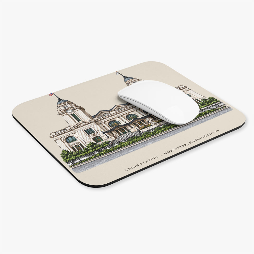 Worcester Union Station mouse pad mockup showing the full illustrated print
