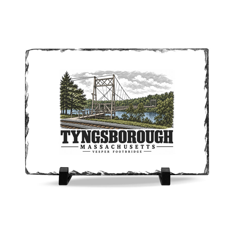 Front on display stands of Vesper Footbridge slate desk plaque, with Tyngsborough, Massachusetts artwork and lettering.