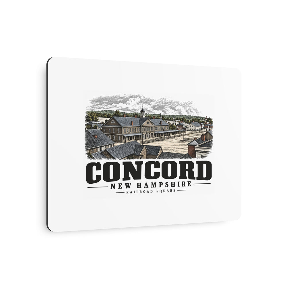Angled front of Railroad Square horizontal metal wall art, Concord, New Hampshire.