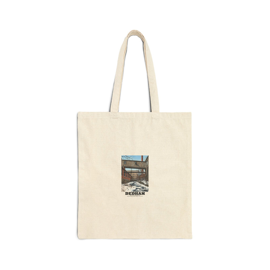 Front view of the natural cotton canvas tote with Dedham Norfolk Manufacturing Company Cotton Mill artwork.
