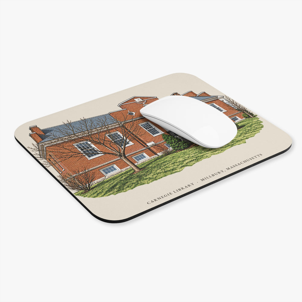 Millbury Carnegie Library mouse pad mockup showing the full illustrated print