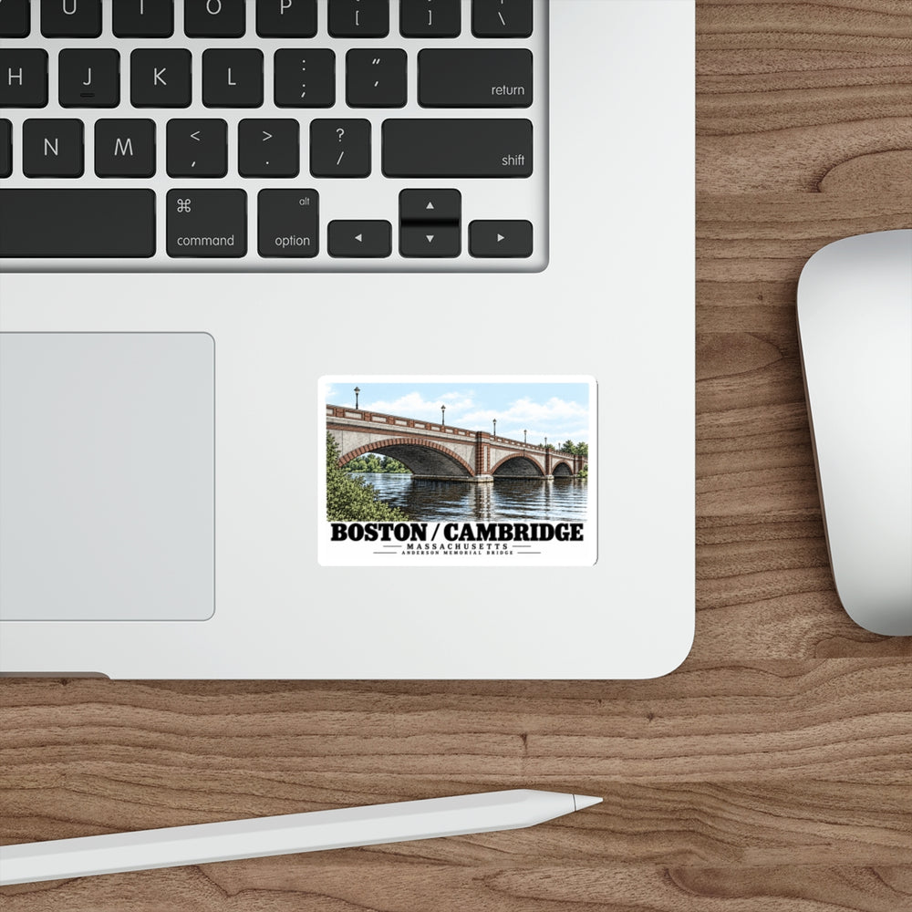 Sticker showing Anderson Memorial Bridge close arch view artwork on a laptop beside its keyboard