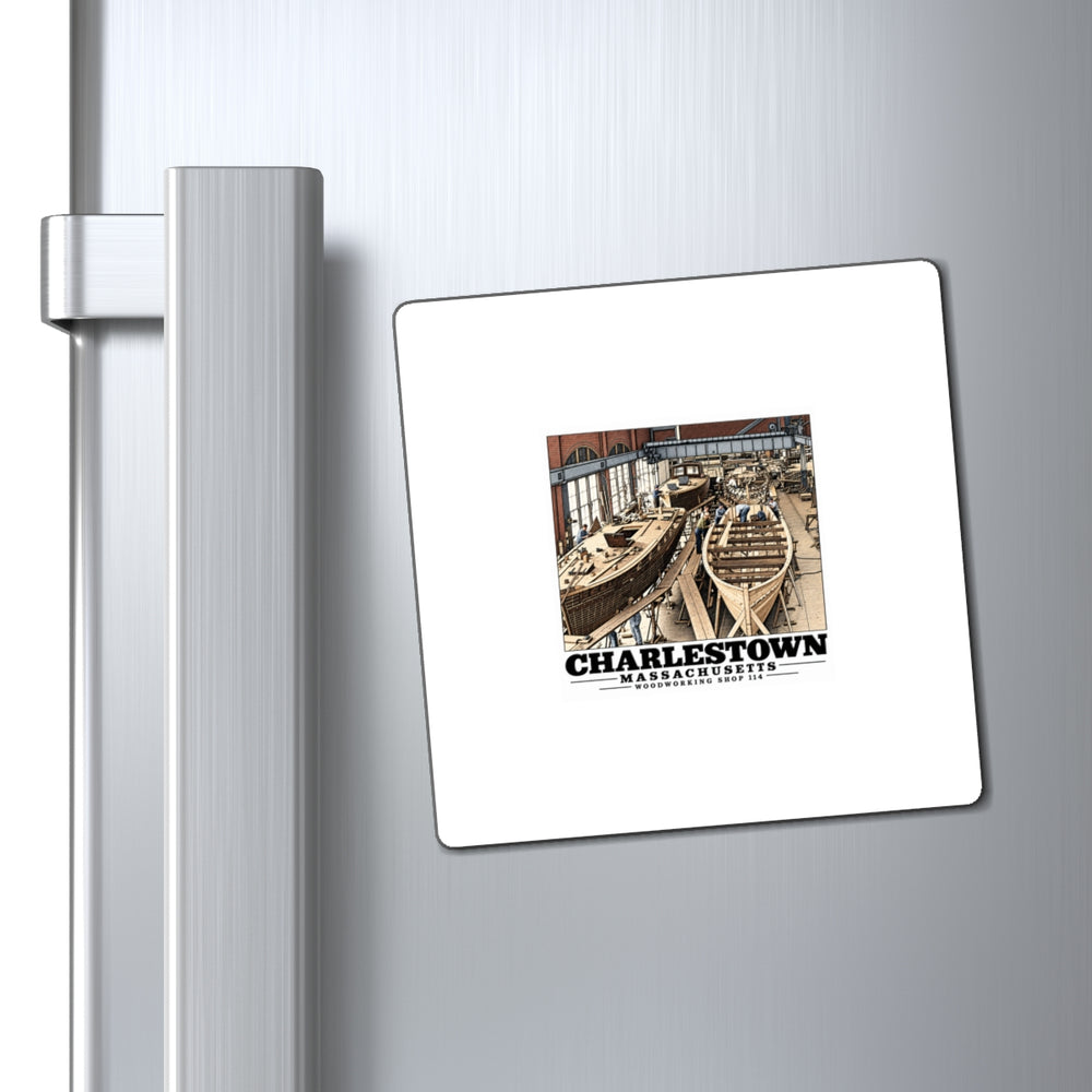 Small-boat building magnet displayed on refrigerator