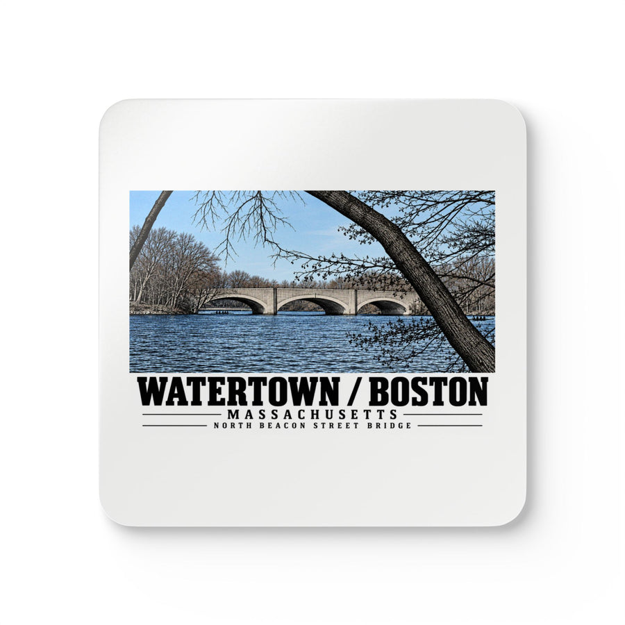 White square coaster showing North Beacon Street Bridge stone arches framed by a bare tree artwork and Watertown/Boston lettering