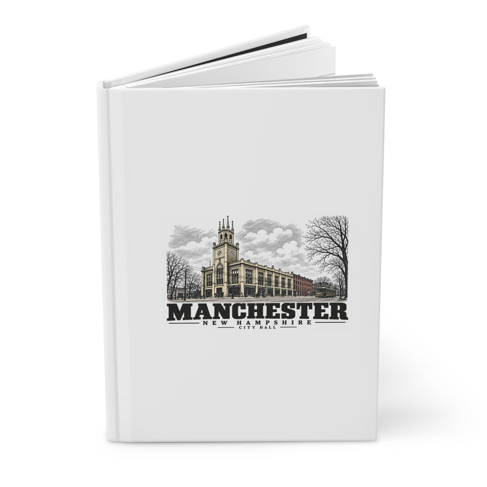 Angled front cover of City Hall matte hardcover journal, Manchester, New Hampshire.