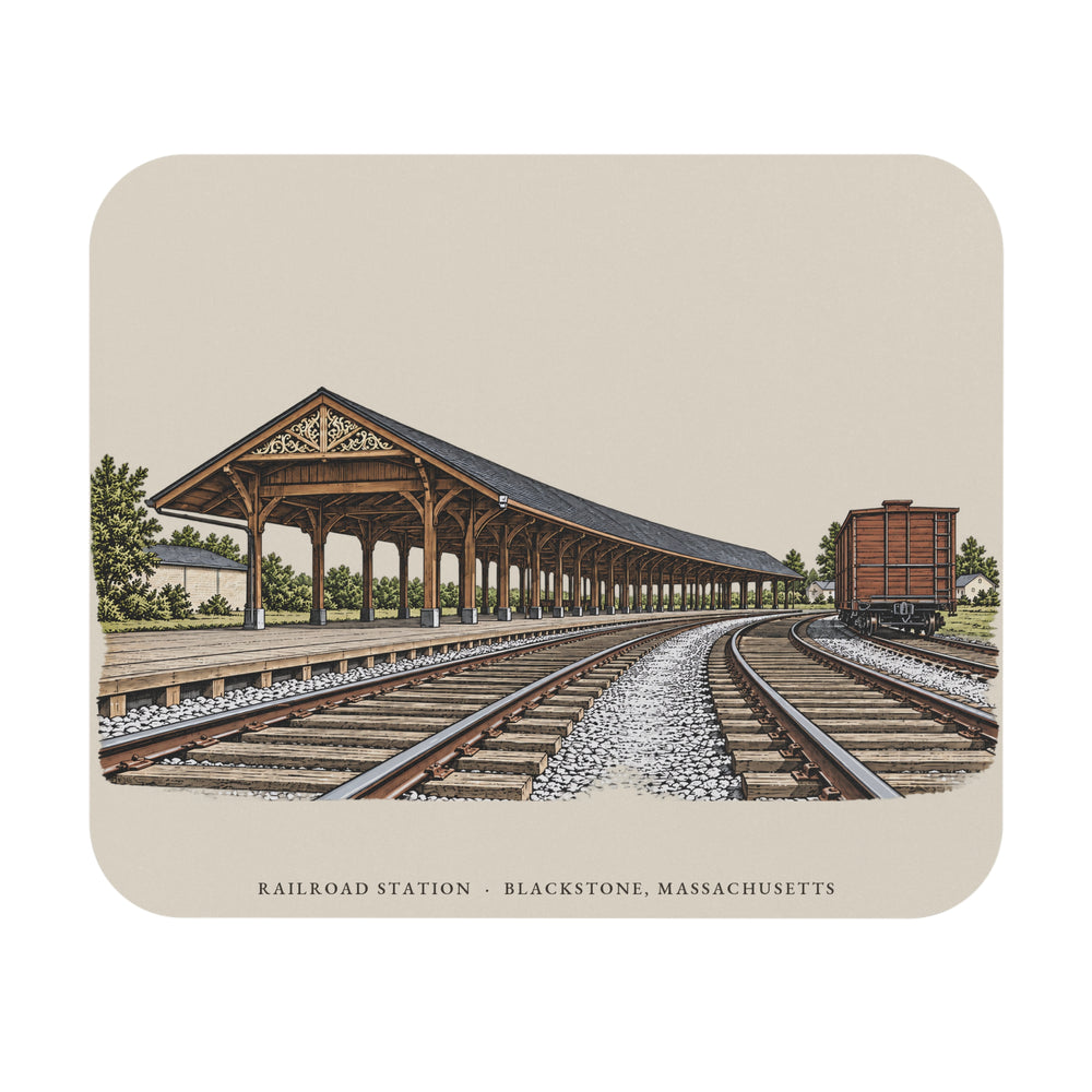 Blackstone Railroad Station mouse pad mockup showing the full illustrated print