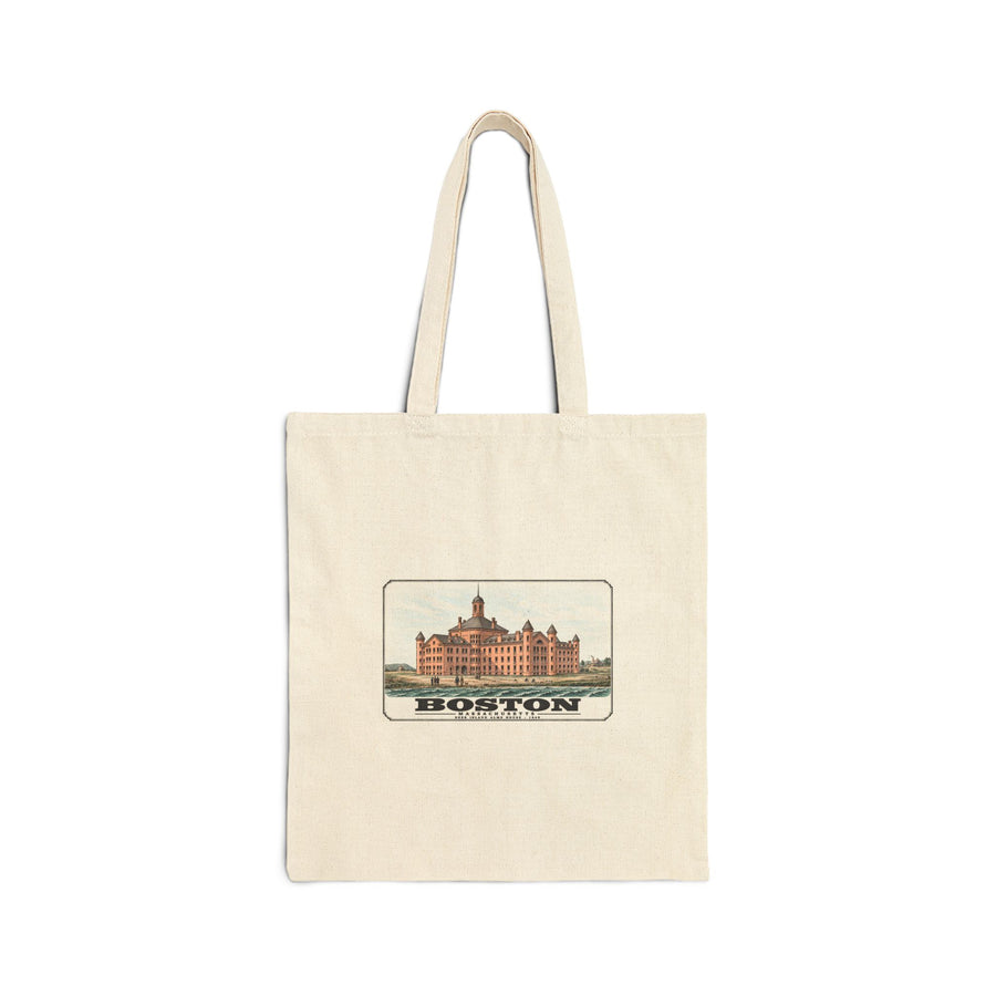 Natural fabric tote with large symmetrical alms house building, grounds and figures artwork and Boston lettering