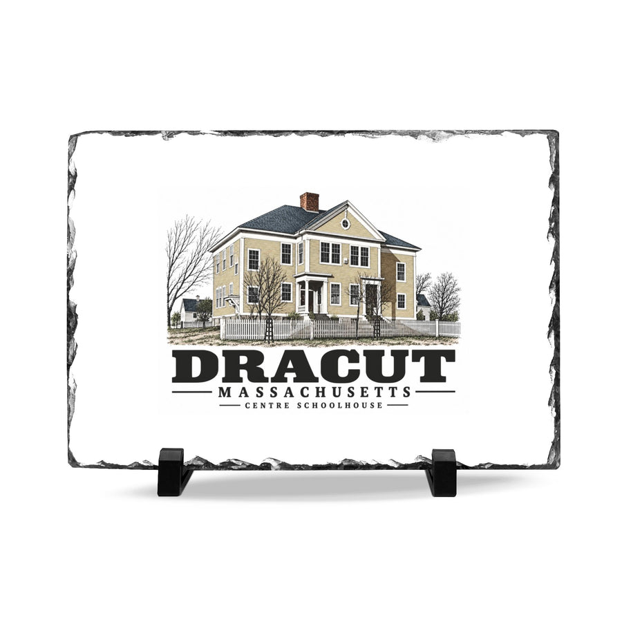 Front on display stands of Centre Schoolhouse slate desk plaque, with Dracut, Massachusetts artwork and lettering.