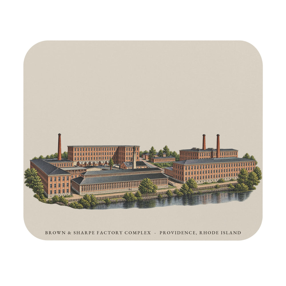 Providence Brown & Sharpe Factory Complex mouse pad mockup showing the full illustrated print