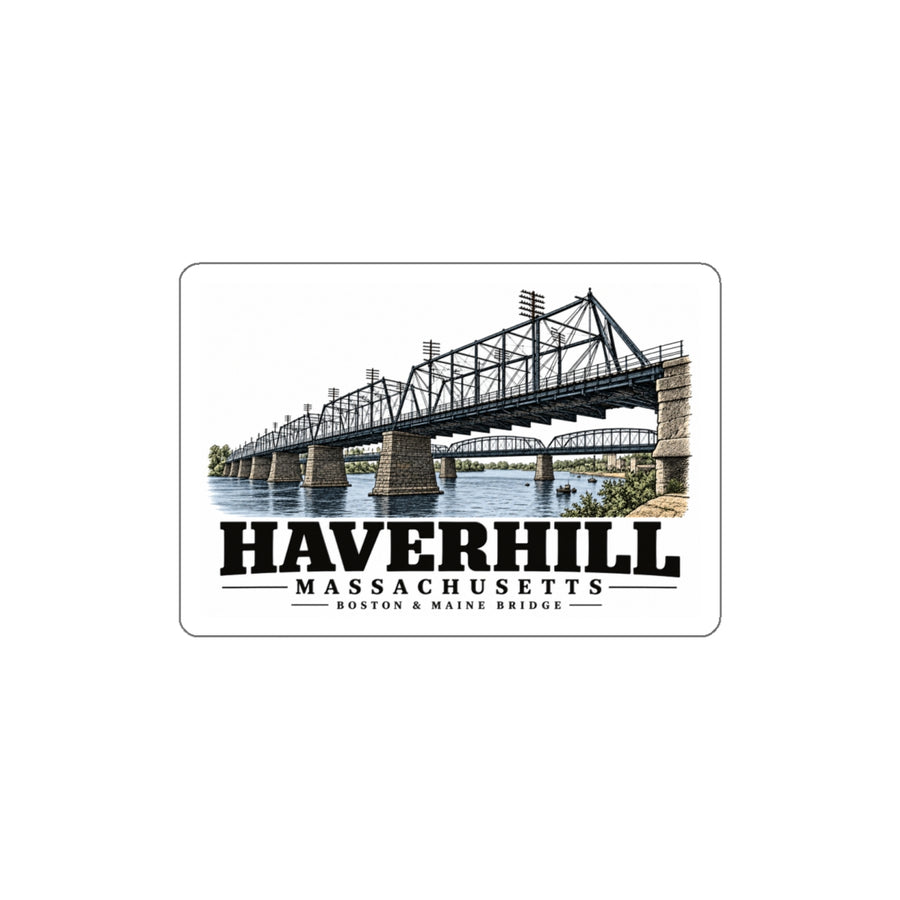 Front of Boston & Maine Bridge white die-cut sticker, with Haverhill, Massachusetts artwork and lettering.