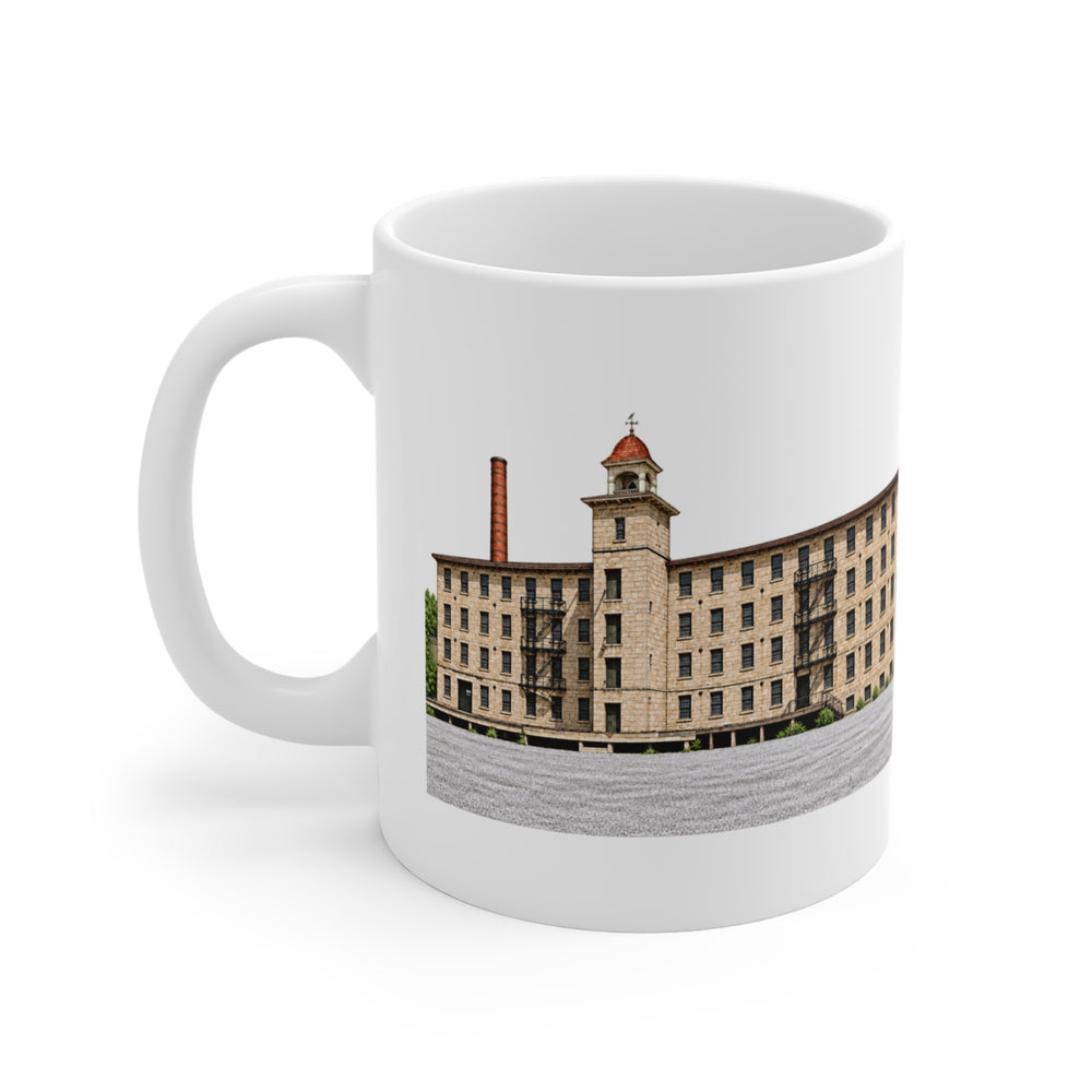 North Smithfield Slatersville Center Mill 11 oz ceramic mug — artwork view, handle left — Familiar History
