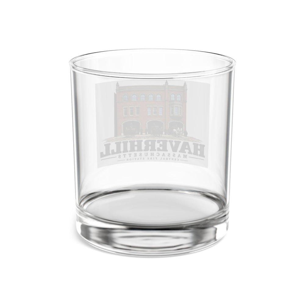 Transparent reverse of Central Fire Station rocks glass, with Haverhill, Massachusetts artwork and lettering.