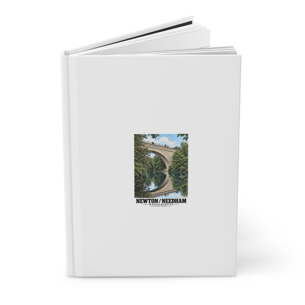 Partly opened white hardcover journal showing Echo Bridge portrait artwork on the front