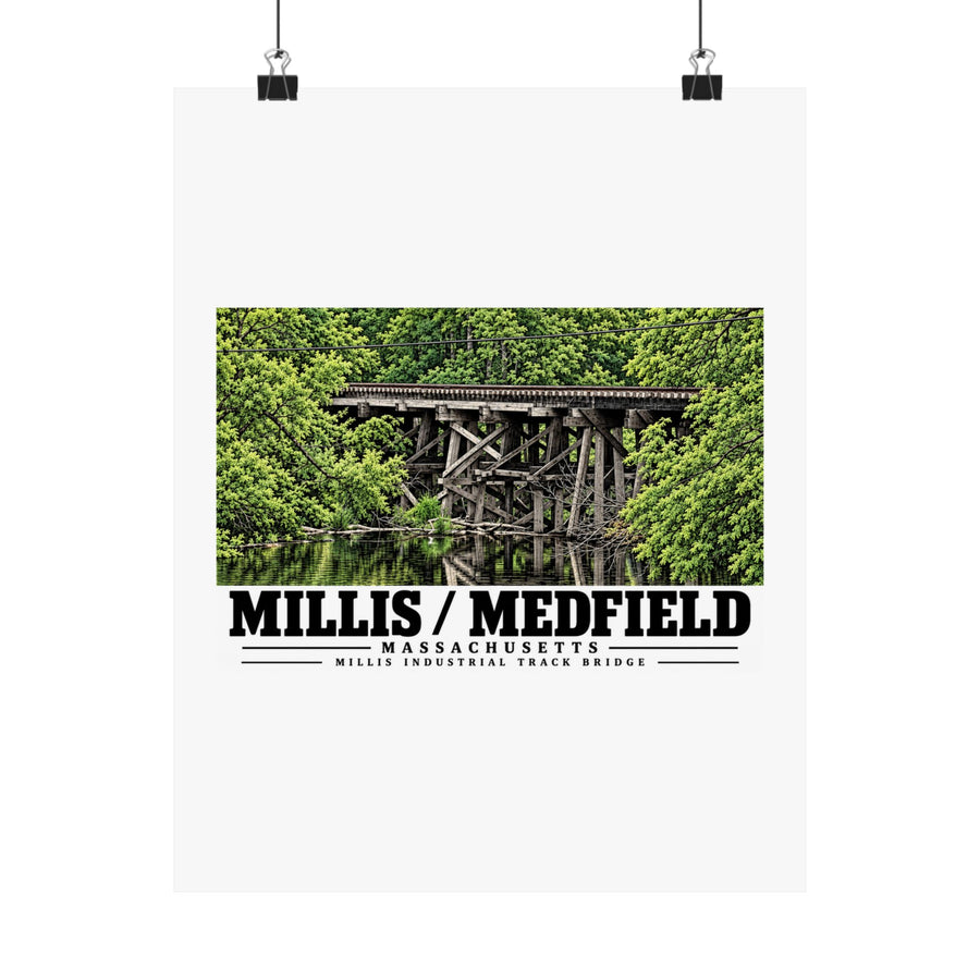 Millis Industrial Track wooden railway trestle and green foliage poster with Millis/Medfield lettering hanging from two binder clips