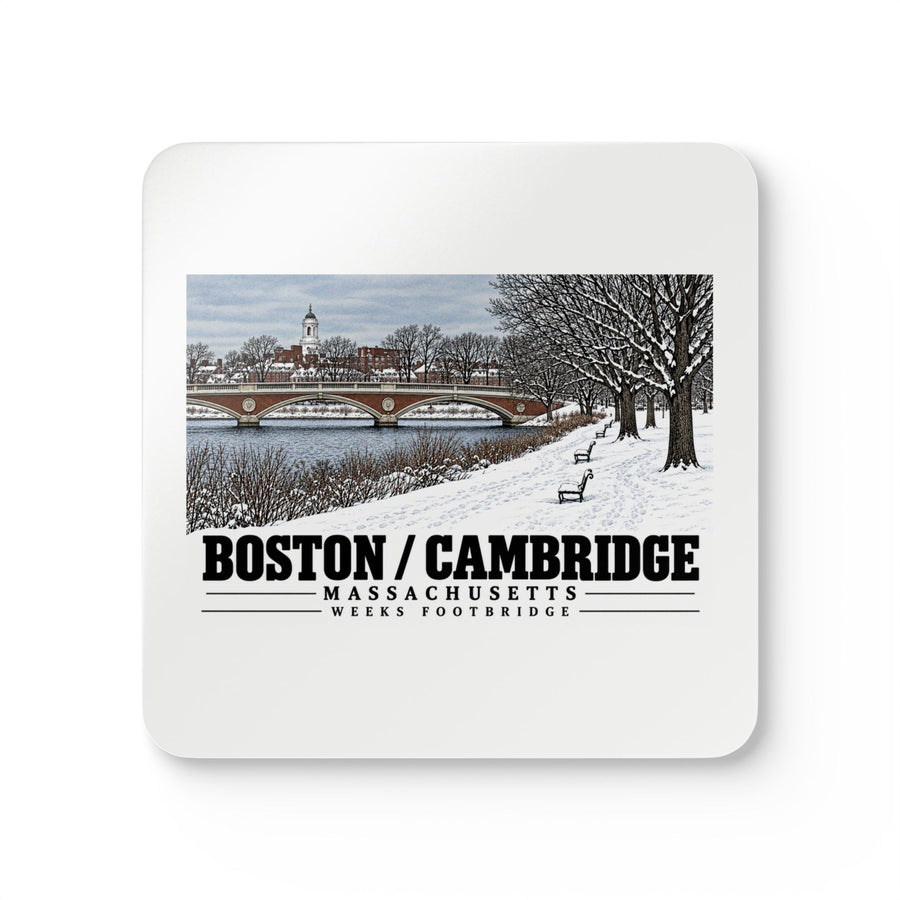White square coaster showing Weeks Footbridge winter riverbank view with snow and benches artwork and Boston/Cambridge lettering