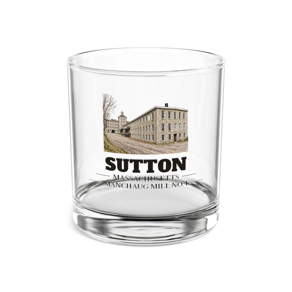Front view of the Sutton Manchaug Mill No. 1 artwork printed on a clear 10 oz rocks glass