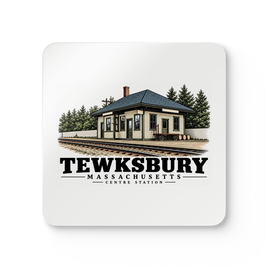 Front of Centre Station square cork-backed coaster set, Tewksbury, Massachusetts.