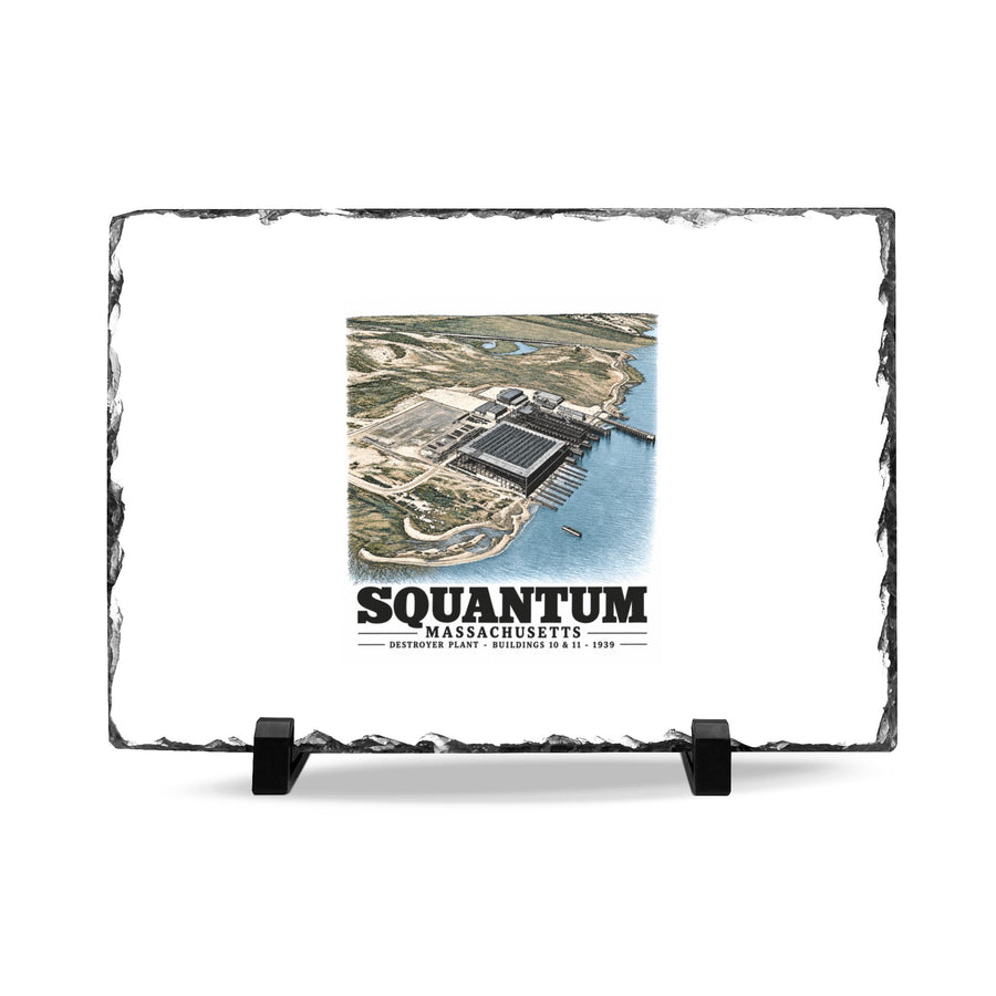 NRAB Squantum looking SWBldg # 10 & 11of former U.S. Destroyer Plant in center foreground 7 × 11 in Slate Desk Plaque - Boston Harbor