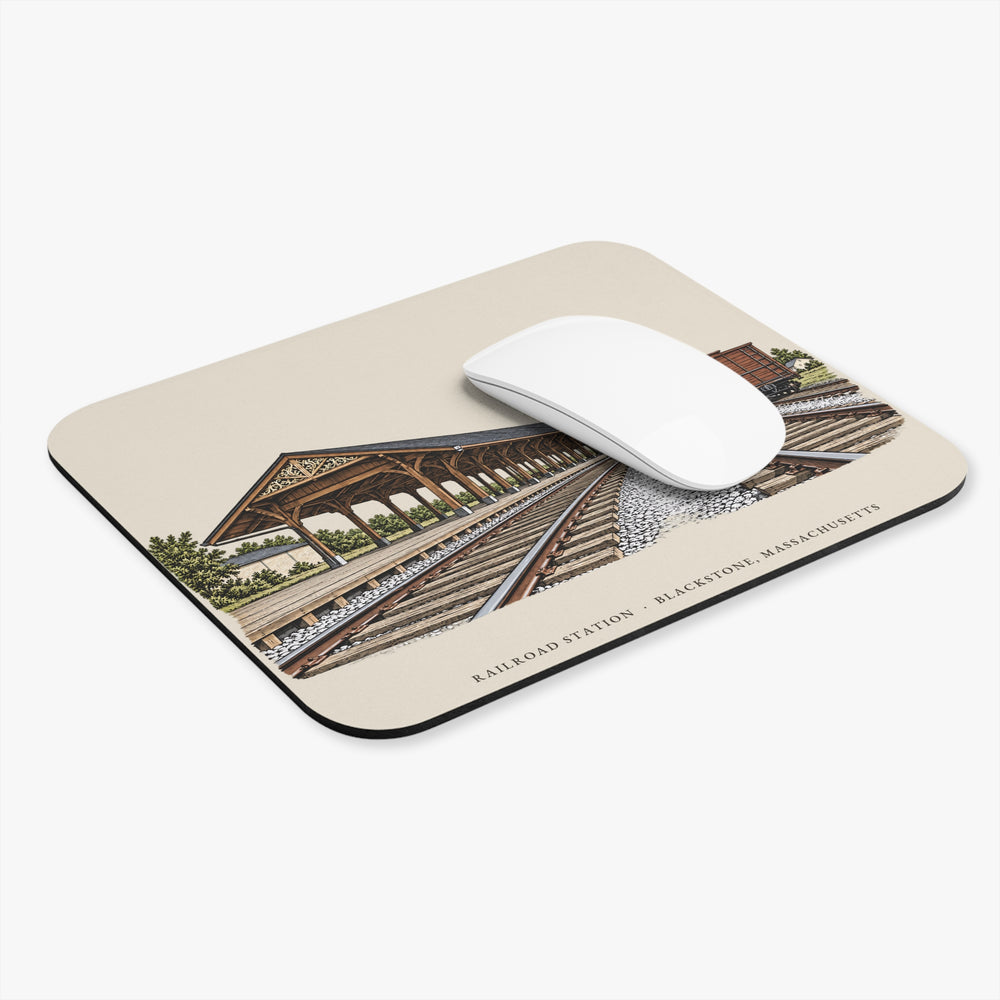 Blackstone Railroad Station mouse pad mockup showing the full illustrated print