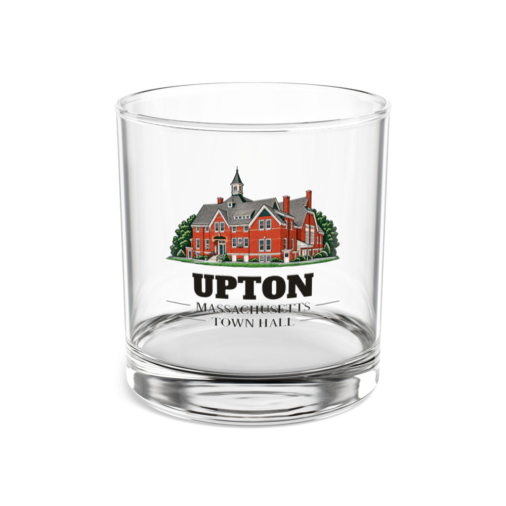 Front view of the Upton Town Hall artwork printed on a clear 10 oz rocks glass