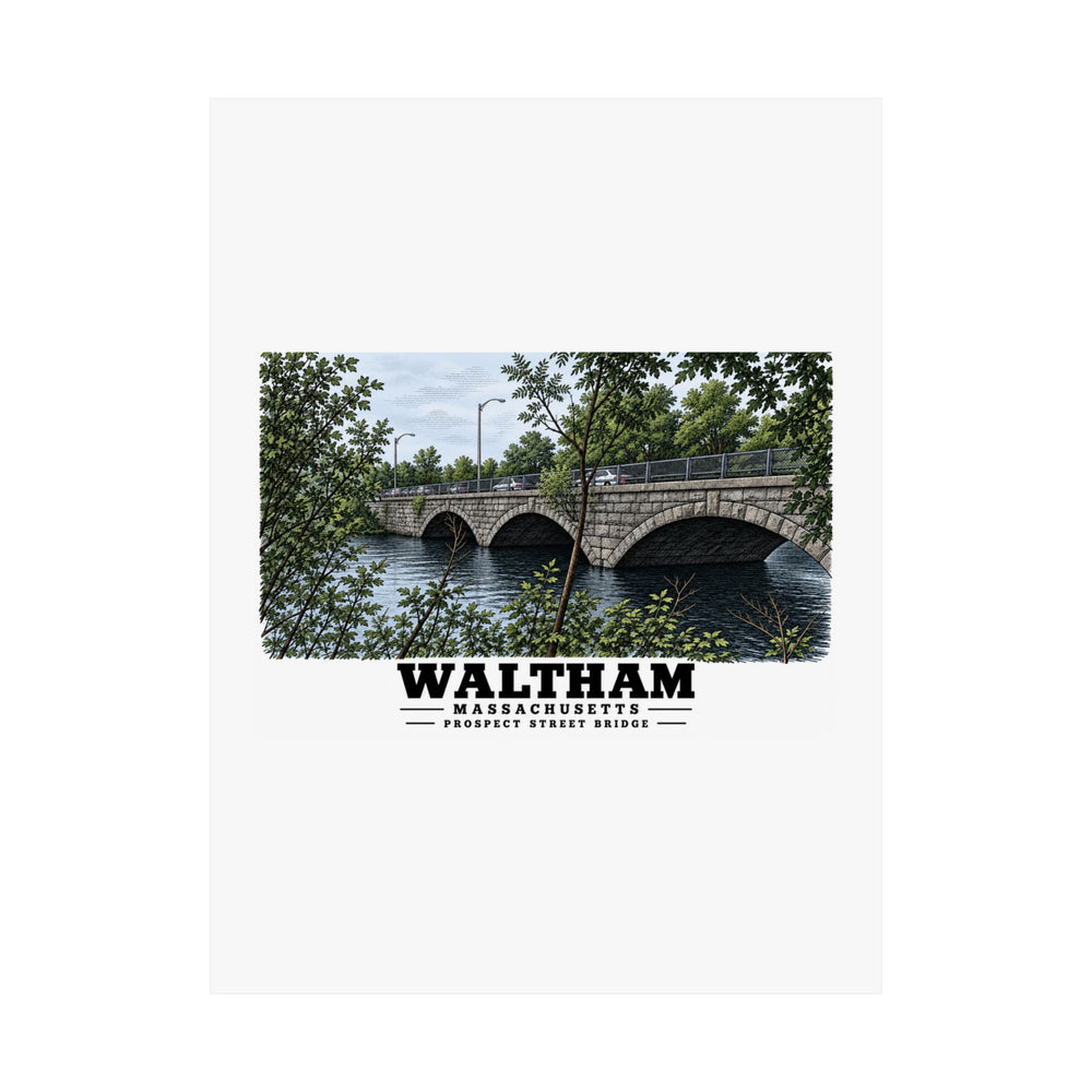 Flat Prospect Street Bridge stone arches and river poster with Waltham lettering