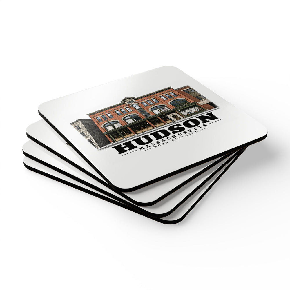 Illustrated Wood Building in Hudson on corkwood coaster set