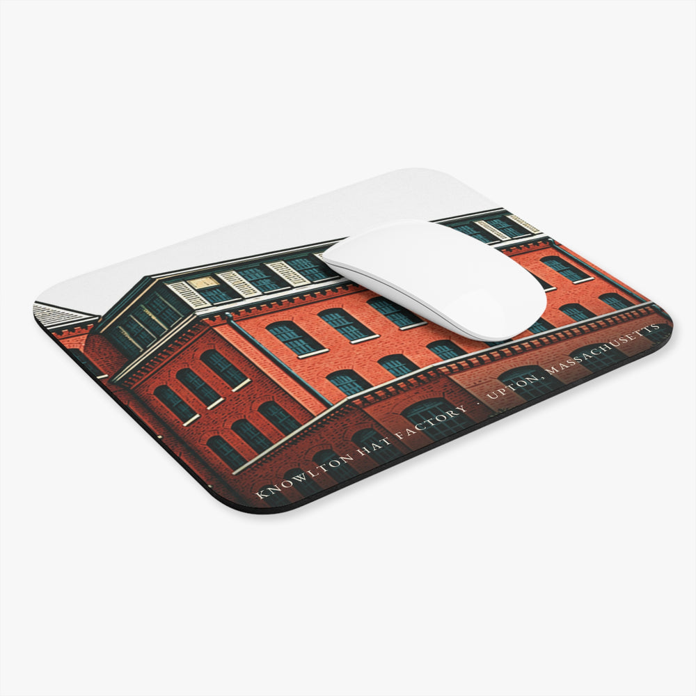 Upton Knowlton Hat Factory mouse pad shown on a desk with a mouse
