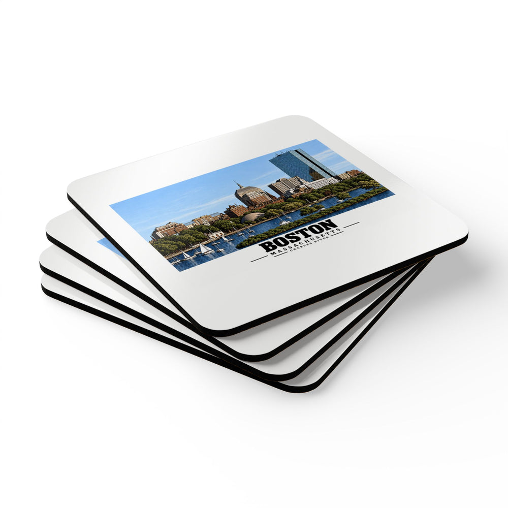 Illustrated St. Charles River view of Boston, Massachusetts in Boston and Cambridge on corkwood coaster set