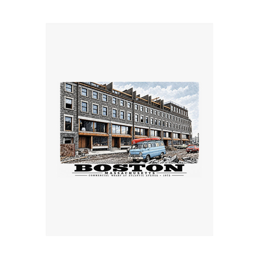 Flat Commercial Wharf Street buildings, blue van and renovation debris poster with Boston lettering