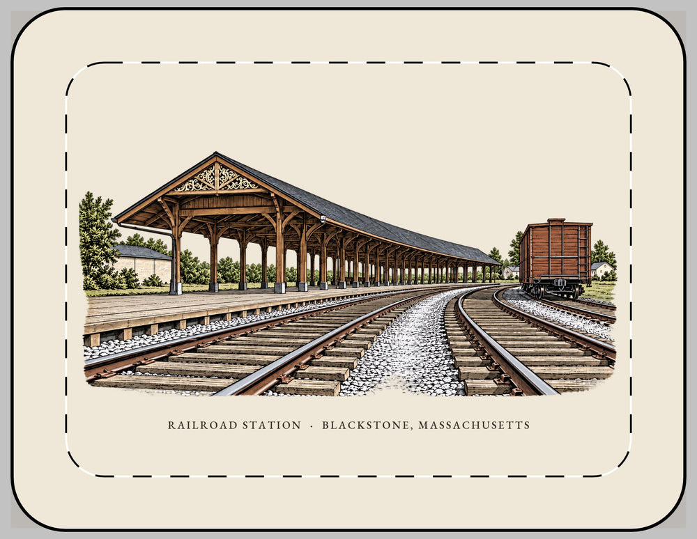 Blackstone Railroad Station 13-inch laptop sleeve mockup showing the full illustrated print