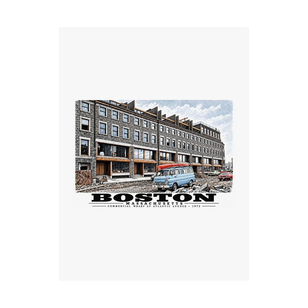 Flat Commercial Wharf Street buildings, blue van and renovation debris poster with Boston lettering