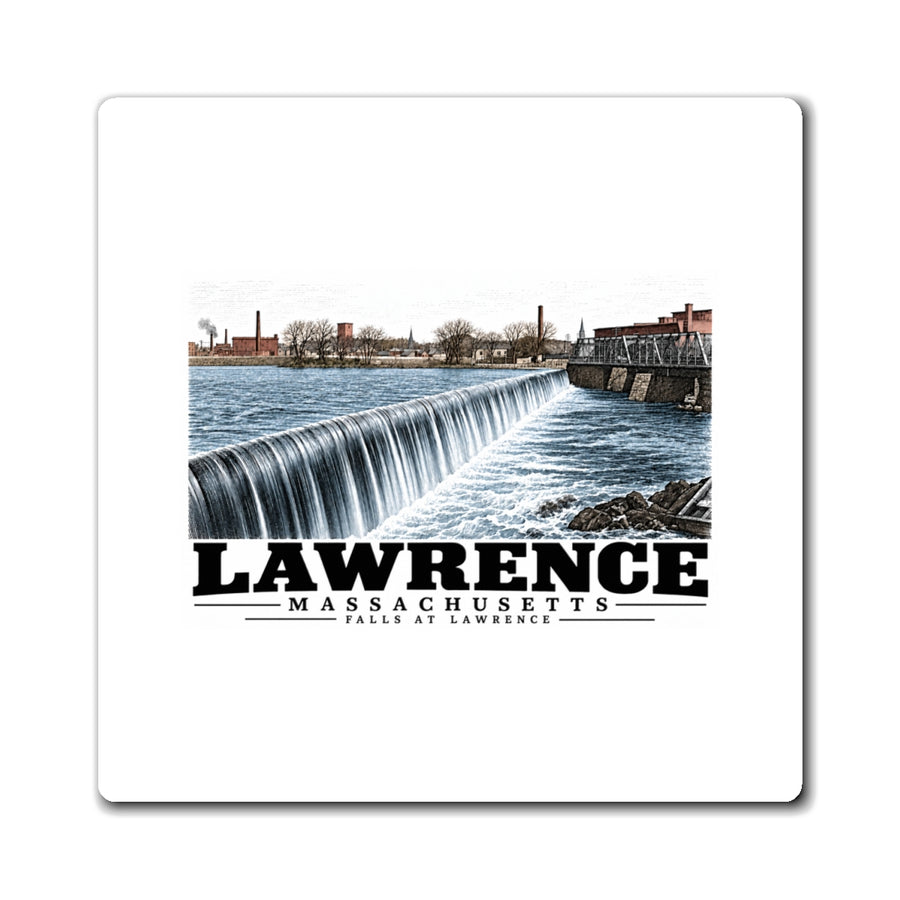 Front of Falls at Lawrence square vinyl magnet, Lawrence, Massachusetts.