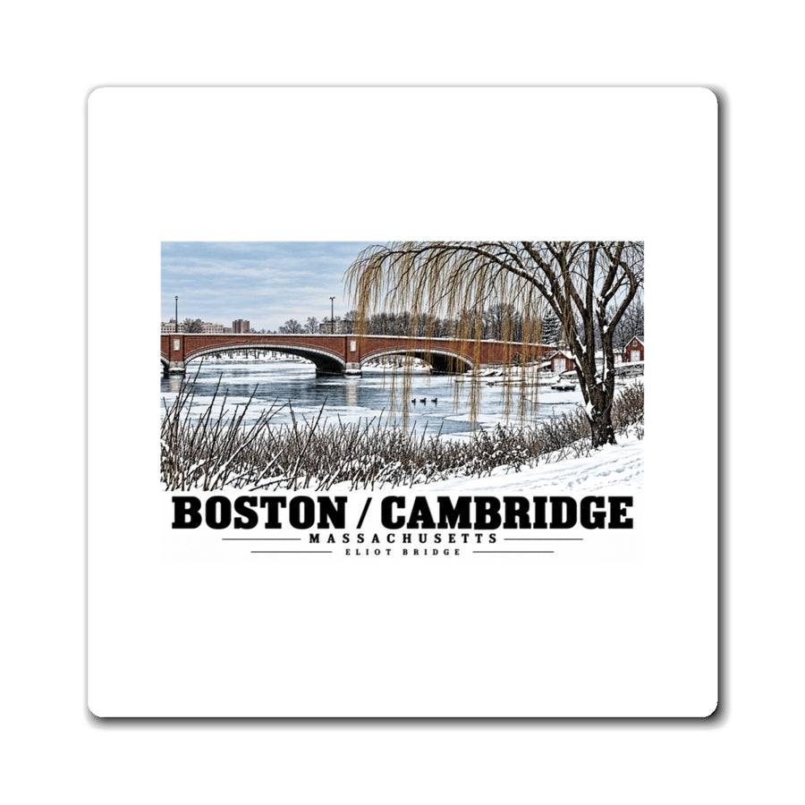 White rectangular magnet showing Eliot Bridge winter river view with snow and bare trees artwork and Boston/Cambridge lettering