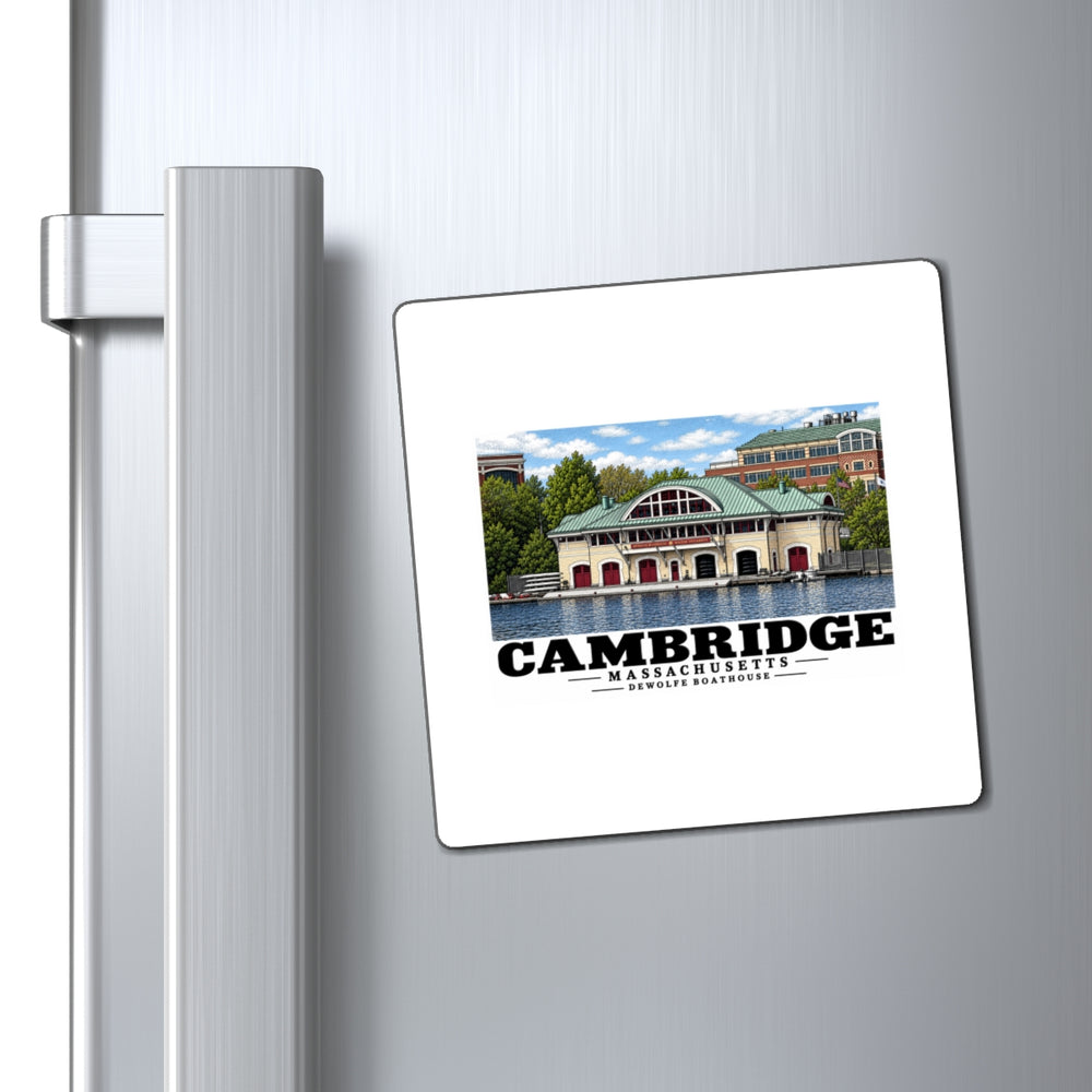 Cambridge DeWolfe Boathouse square magnet displayed on a metal refrigerator.