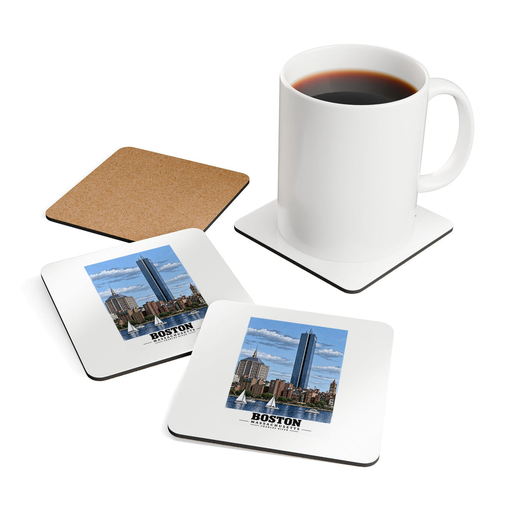 Illustrated Boston, Massachusetts, from the Charles River in Boston and Cambridge on corkwood coaster set