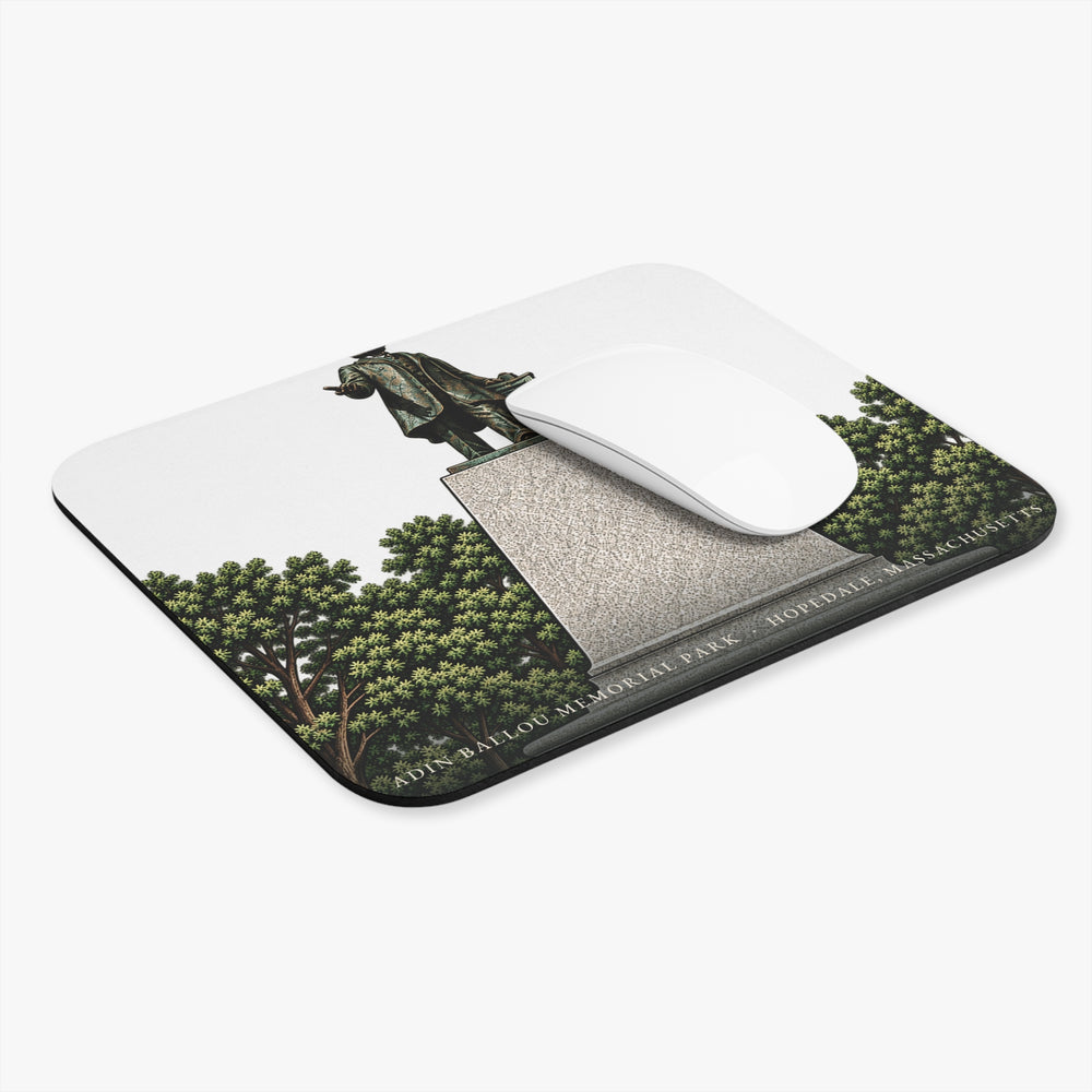 Hopedale Adin Ballou Memorial Statue and Park mouse pad shown on a desk with a mouse