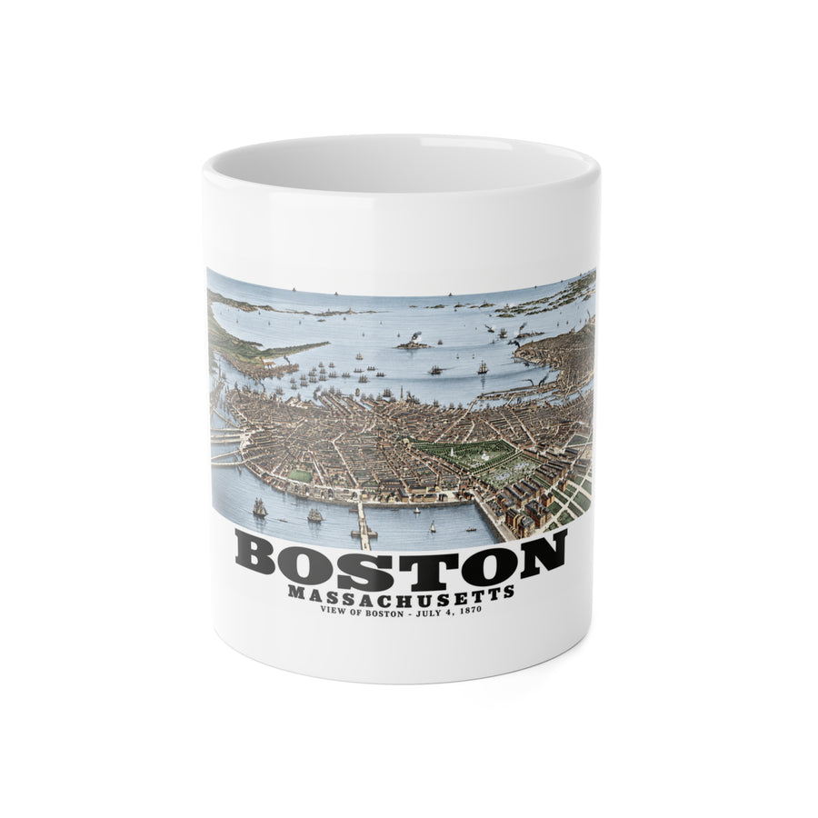 White mug showing historic Boston harbor panorama with boats and waterfront buildings artwork and Boston lettering