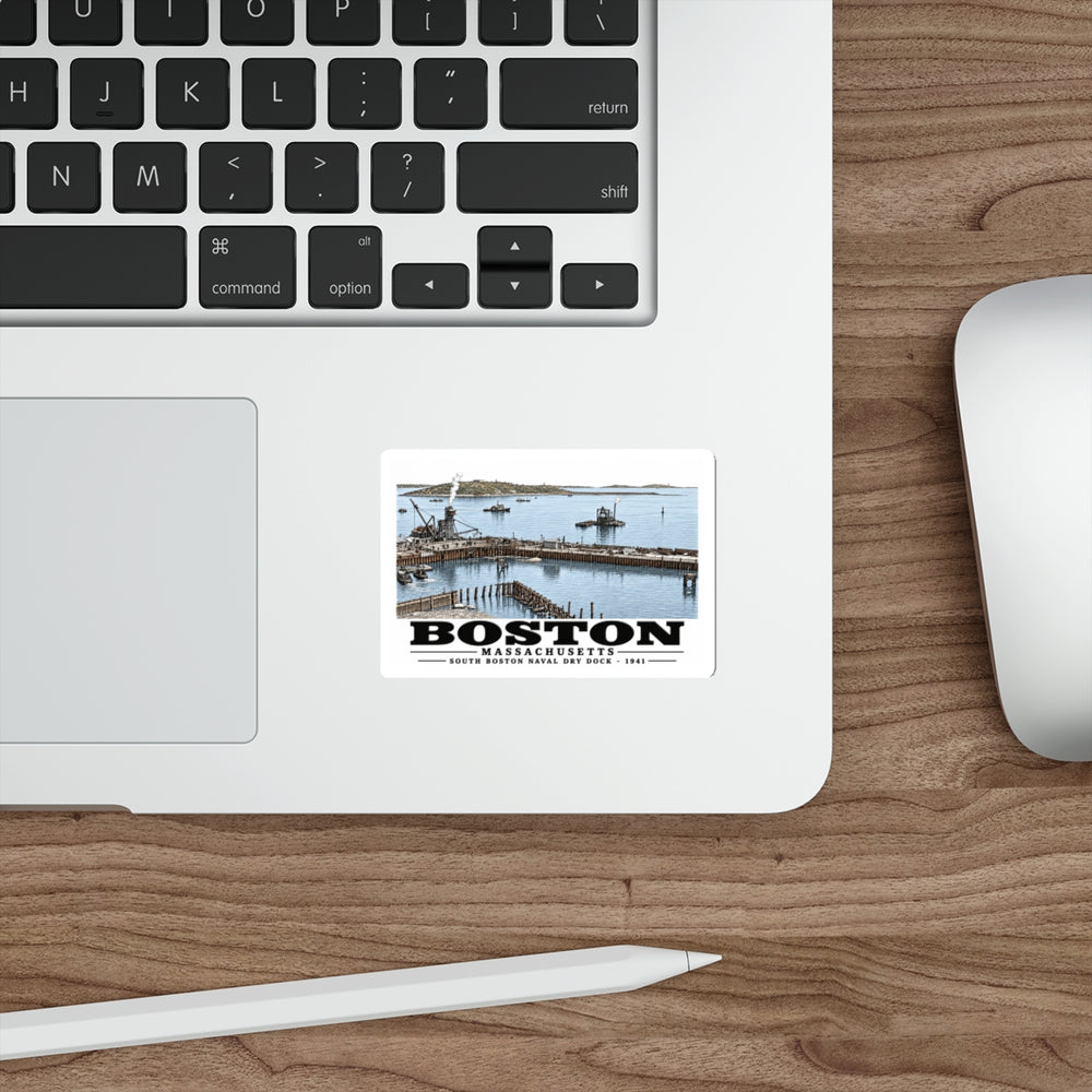 South Boston Dry Dock Area April 16-41 from roof of elevator shaft SE 4 in White Die-Cut Sticker - Boston Harbor