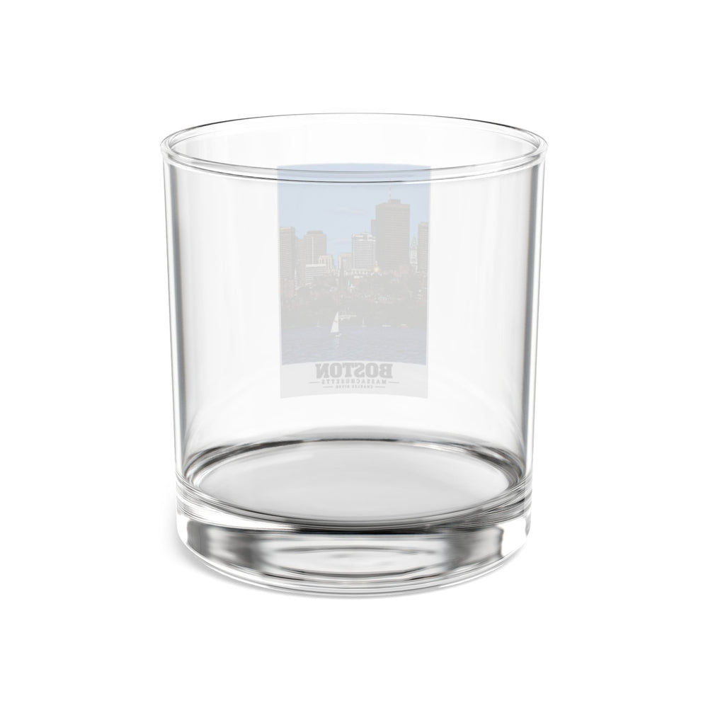 Illustrated View of Boston, Massachusetts, from the Charles River in Boston and Cambridge on rocks glass