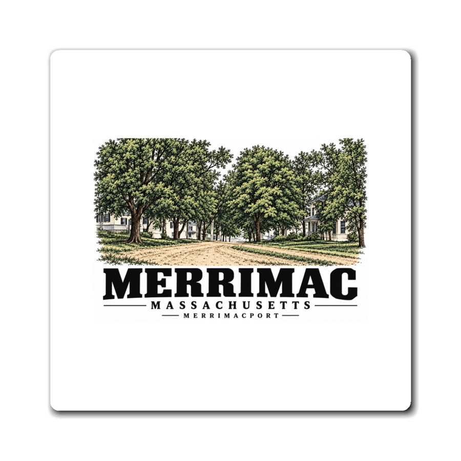 Front of Merrimac Street square magnet, with Merrimac, Massachusetts artwork and lettering.