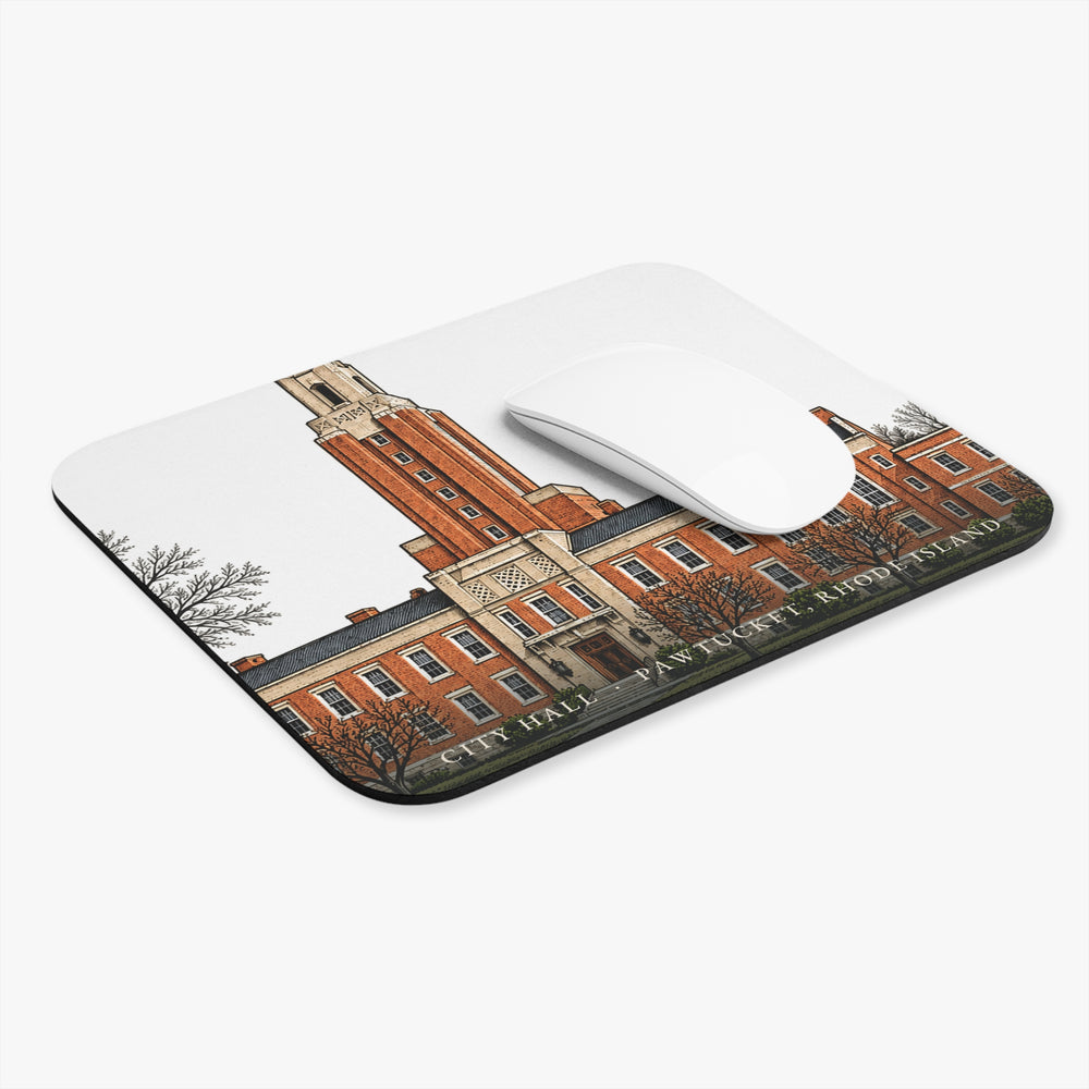 Pawtucket City Hall mouse pad shown on a desk with a mouse
