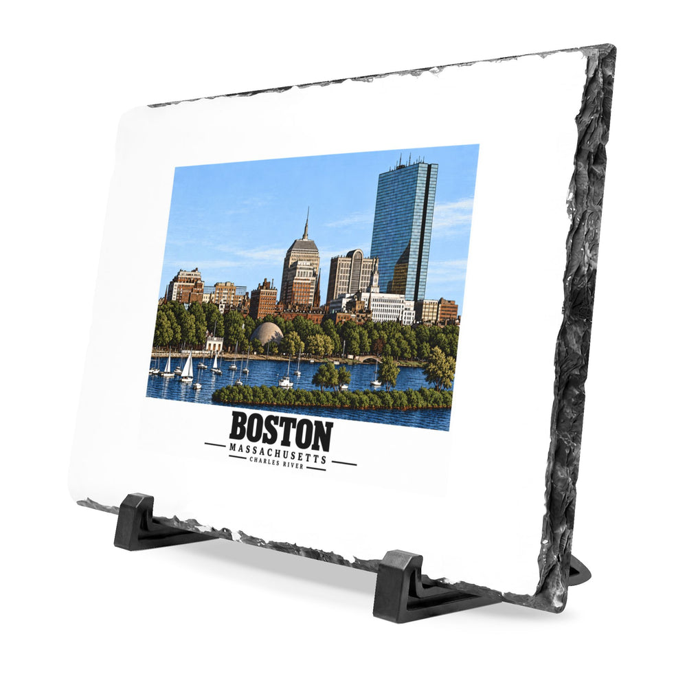 Illustrated St. Charles River view of Boston, Massachusetts in Boston and Cambridge on slate desk plaque