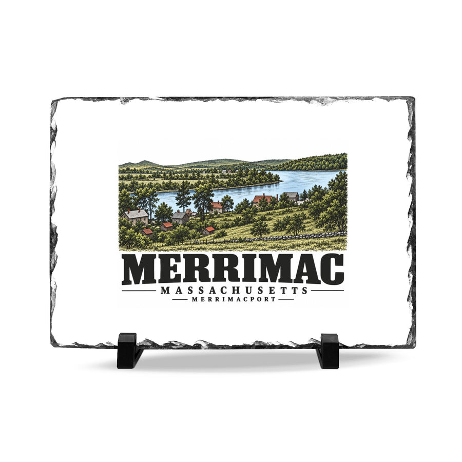 Front on display stands of Merrimack River from Noyes Hill slate desk plaque, with Merrimac, Massachusetts artwork and lettering.
