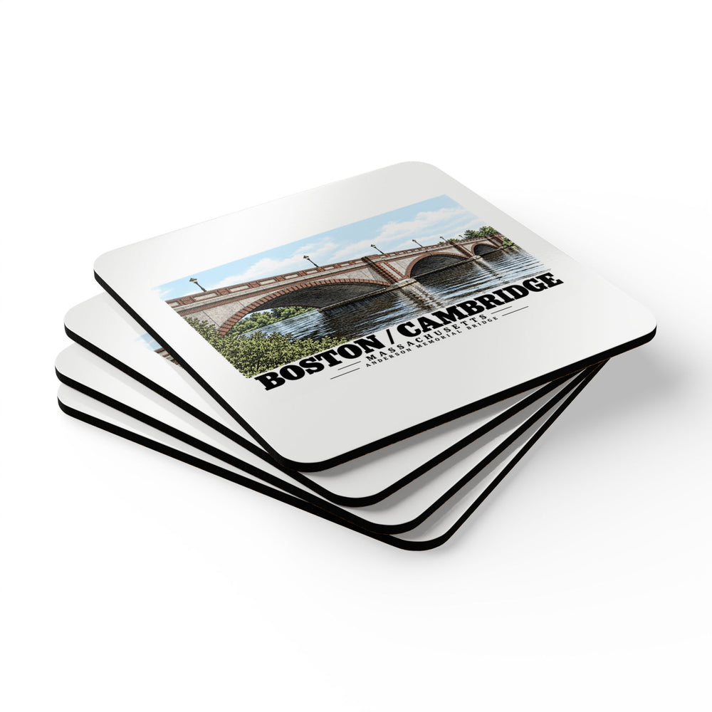 Stack of square coasters with Anderson Memorial Bridge close arch view artwork visible on the top coaster