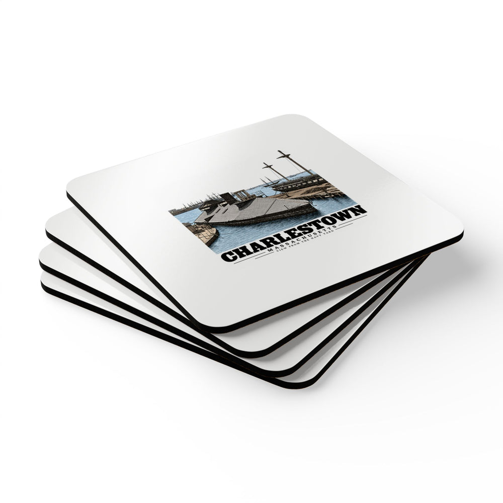 Stack of four square coasters showing Navy Yard waterfront artwork on top