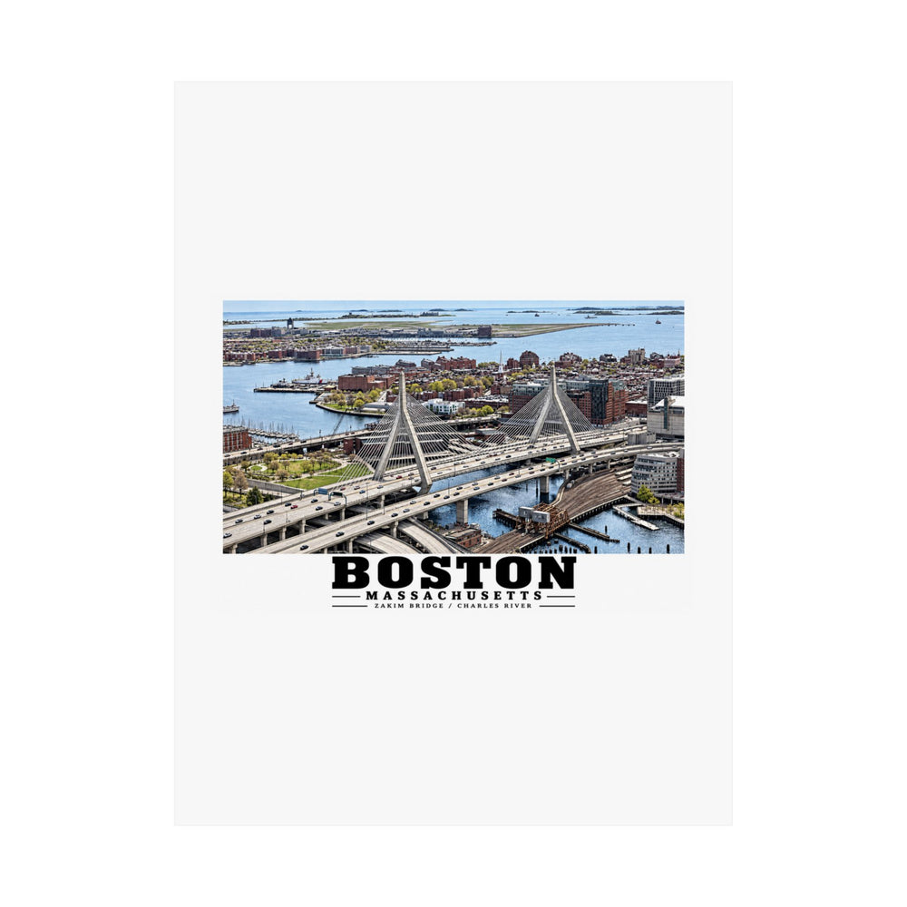 Aerial view of Boston with Zakim Bridge across Charles Matte Heritage Poster — 11 × 14 and 18 × 24 in - Charles River