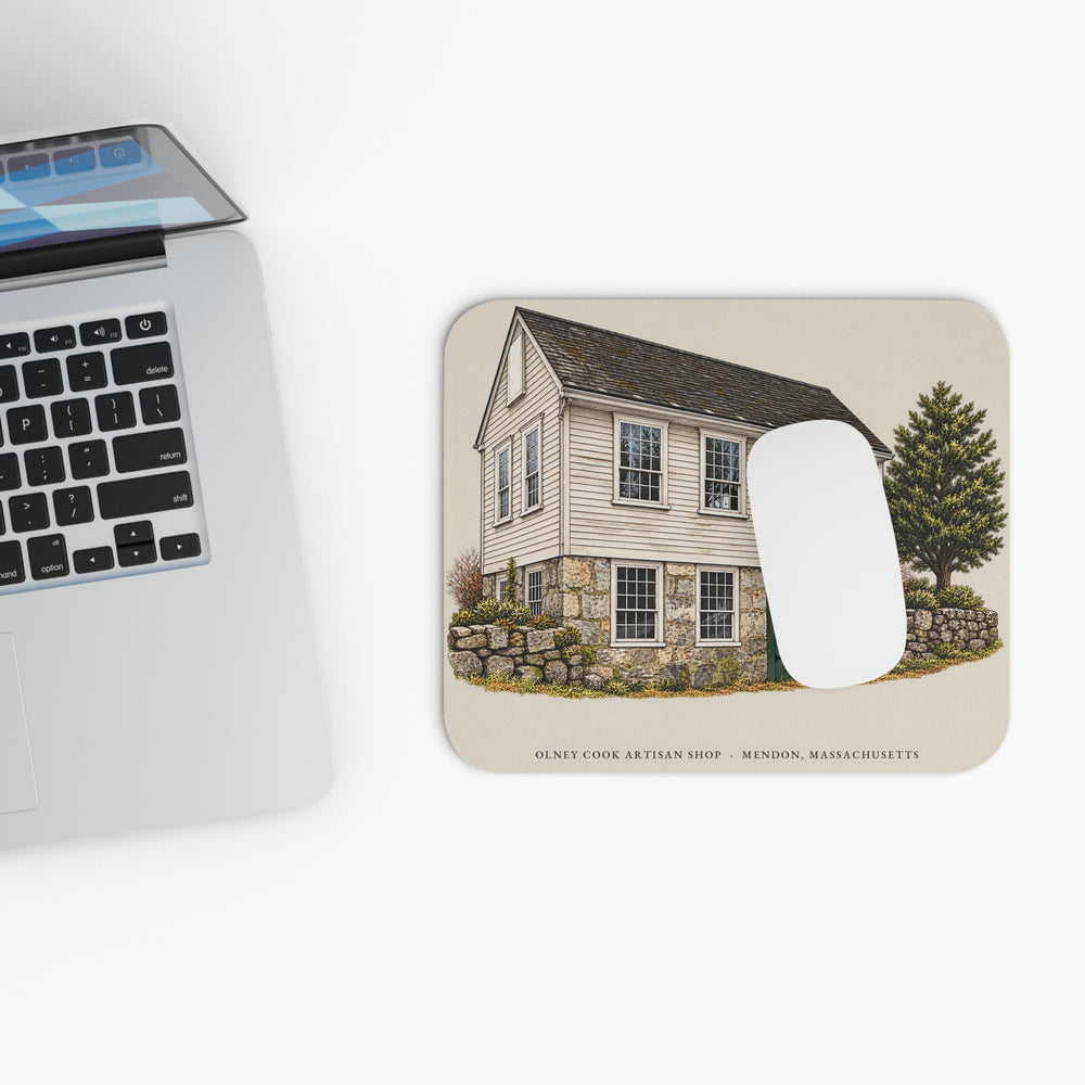 Mendon Olney Cook Artisan Shop mouse pad mockup showing the full illustrated print